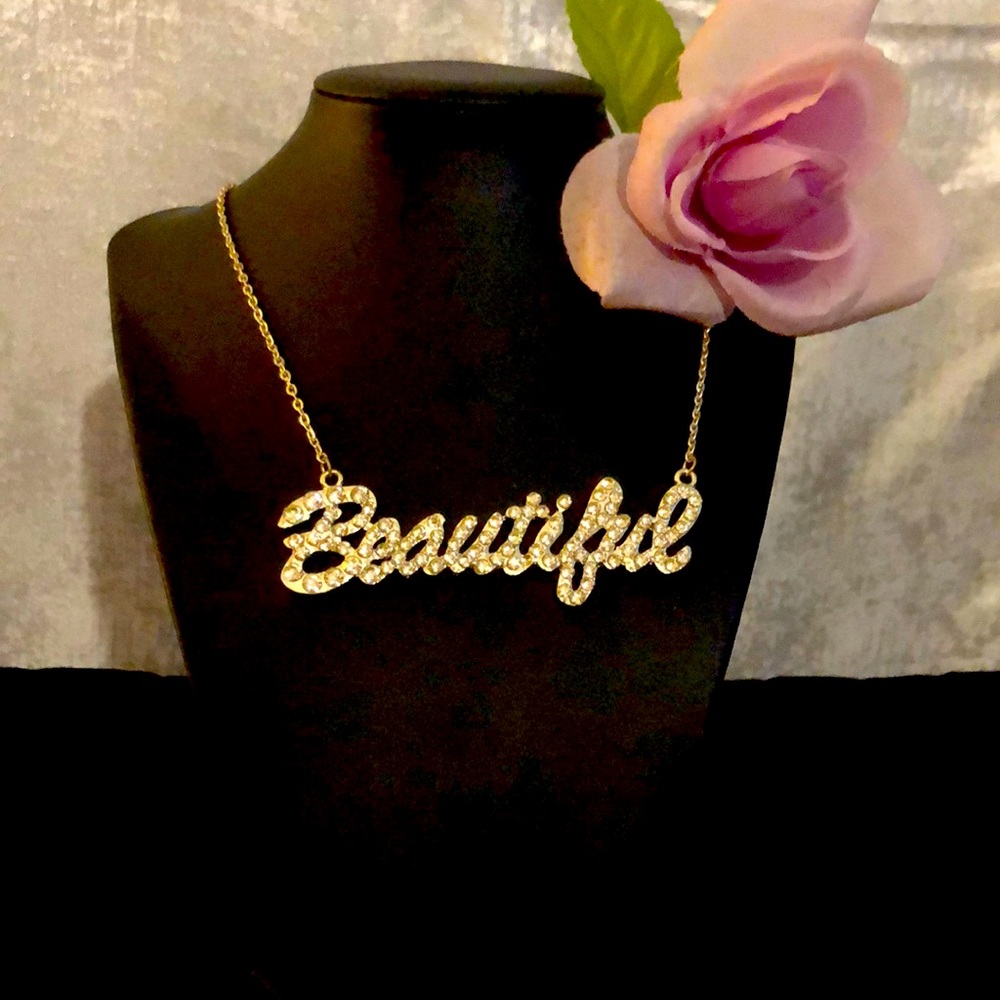 Silvertone 10 inch long rhinestone, “BEAUTIFUL” necklace🌹